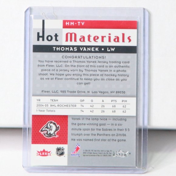 Thomas Vanek Fleer UDC Hot Materials Jersey Hockey Card Buffalo Sabres 2005/06 - Picture 2 of 2
